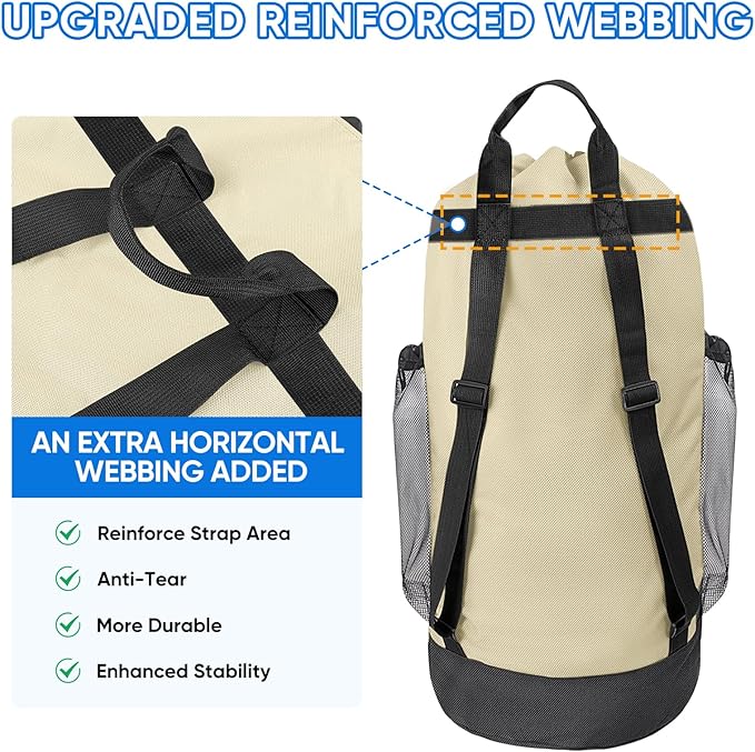 BALEINE 150L Laundry Bag Backpack, 900D Oxford Fabric Large Travel Laundry Bags with Shoulder Straps and 2 Mesh Pockets for College Dorm, Apartment, Laundromat (Beige, 150L)