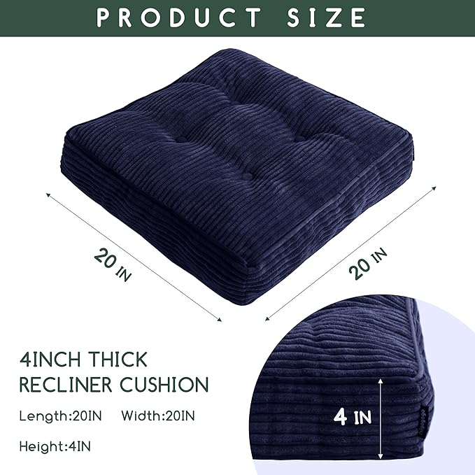 HIGOGOGO Tufted Corduroy Recliner Seat Cushion for Elderly, High Density Foam Large Square Seat Cushion for Recliner Chair, Floor Pillow, Office Chair, Car, No Pressure on Thighs, 20x20x4, Navy