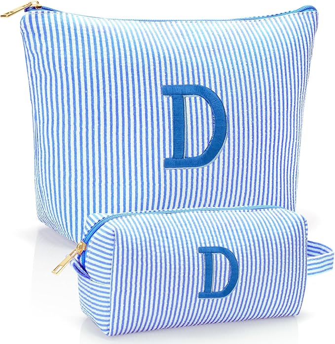 Personalized Initial Makeup Bag,Toiletry Travel Cosmetic Bag,Trendy Stuff for Teen Girls and Women,Holiday & Birthday Gift,2 Pack (D, Blue)