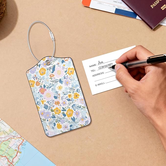 2 Pack PU Leather Luggage Tags for Suitcases, Privacy Protection Cover with Stainless Steel Loop and Address Card, Travel Cruise Essentials (Yellow Pink Flower)