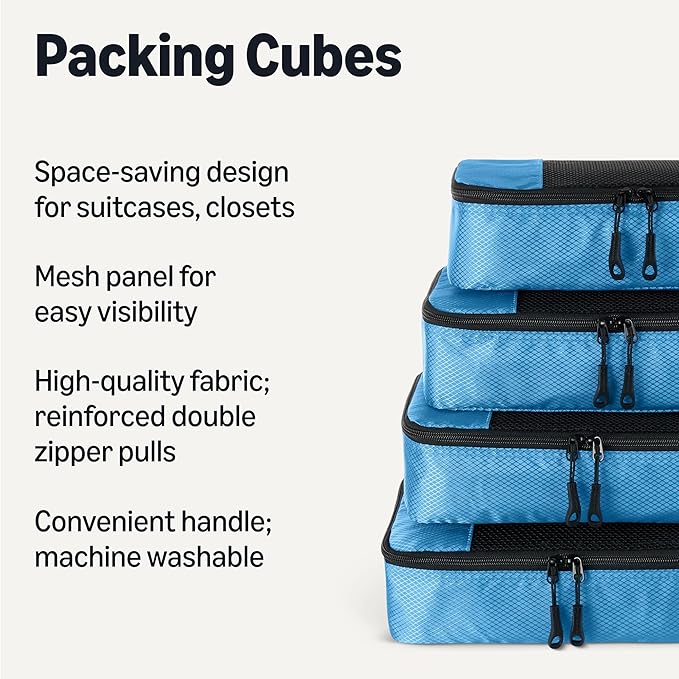 Amazon Essentials 4-Piece Packing Cubes Travel Accessories Set, Luggage Organizer with Double Zipper, Mesh Top, Space-Saving, Medium, Sky Blue (Previously Amazon Basics)
