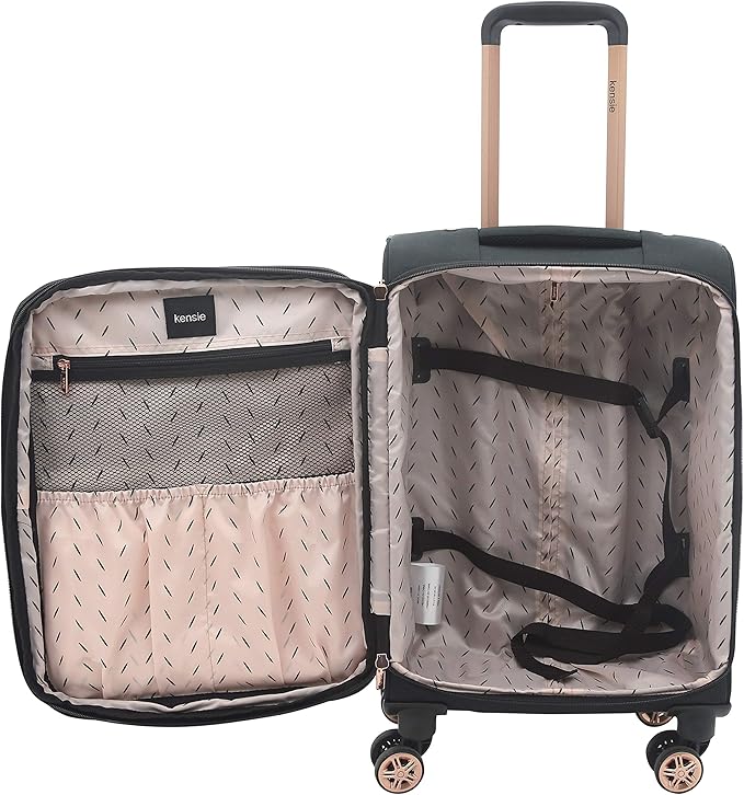 kensie Hudson Softside 3-Piece Spinner Luggage Set, Black with Rose Gold