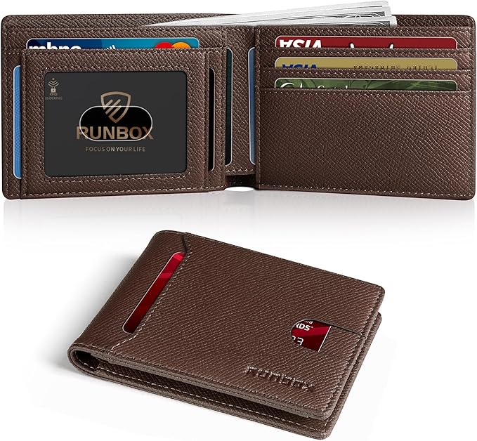 RUNBOX Wallet for Men Slim 11 Credit Card Holder Slots Leather RFID Blocking Small Thin Men's Wallet Bifold Minimalist Front Pocket Large Capacity Gift Box