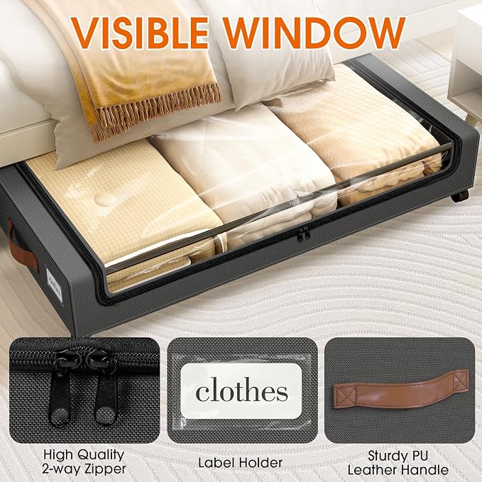 Under Bed Storage with Wheels 3Pack Storage Containers with Clear Window | Under Bed Drawers Rolling Under Bed Storage for Clothes,Shoes, Blankets (30.71 x 16.93 x 6.69 in, Dark Grey)