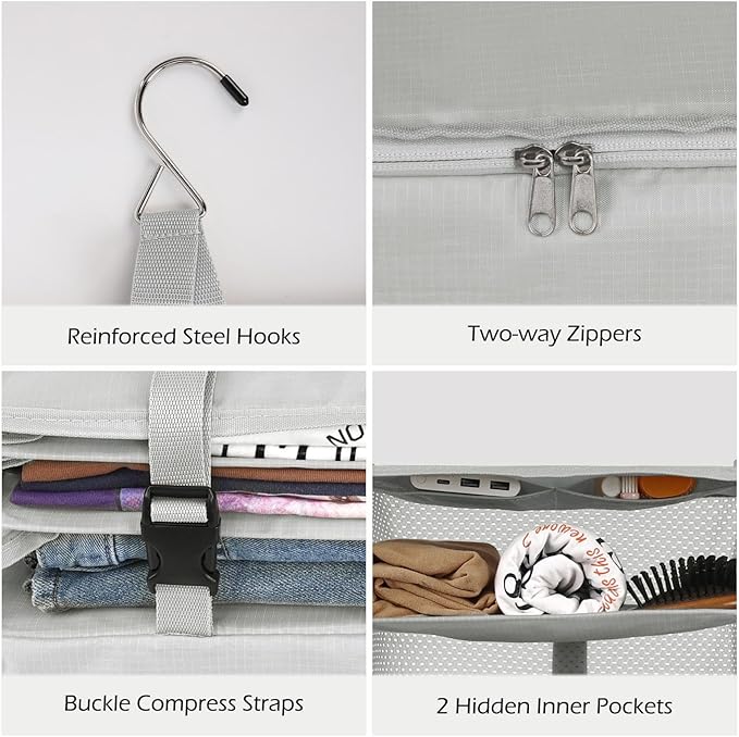 Surblue Hanging Closet Storage Bag Collapsible 3-Shelf Washable Oxford Fabric with 2 Hooks (XL 17.71 * 11.81 * 20in, Light Gray)
