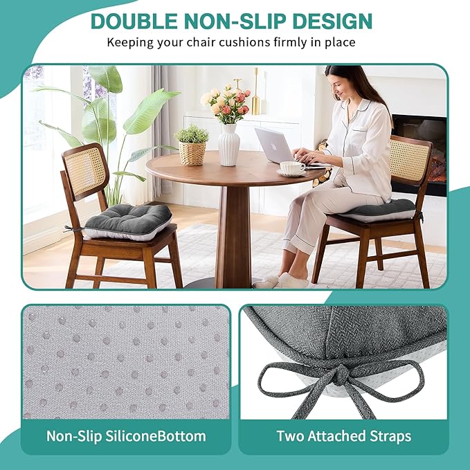 BETU Chair Cushions for Dining Chairs Set of 2,3.5" Thick Kitchen Table Chair Pads with Ties,Non Slip Backing and Covers, Seat Cushion for Dining Room,Bar,Patio Chairs,16"X16"X3.5",Dark Grey