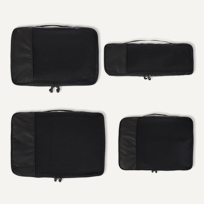 Amazon Essentials 4-Piece Space-Saving Packing Cubes Travel Accessories Set, Luggage Organizer with Double Zipper, Mesh Top, Small/Medium/Large/Slim, Black (Previously Amazon Basics)