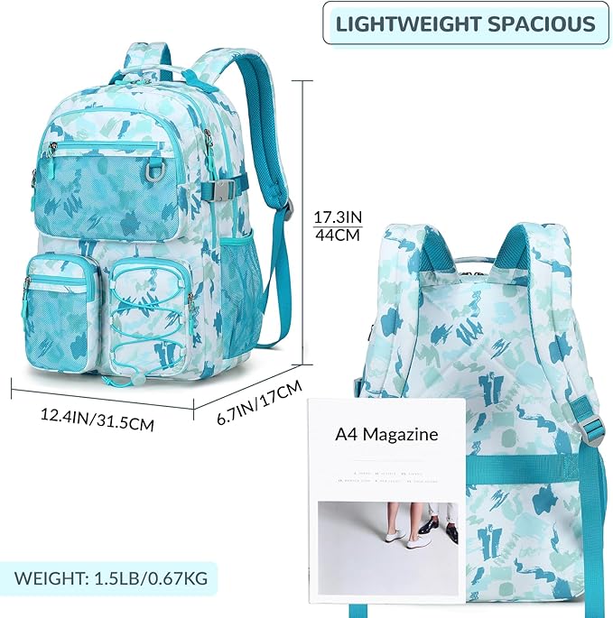 Lohol Multi-Pocket Backpack for Travel College, Heavy Duty Big Bookbag with 15.6 inch Laptop Compartment (Green Graffiti