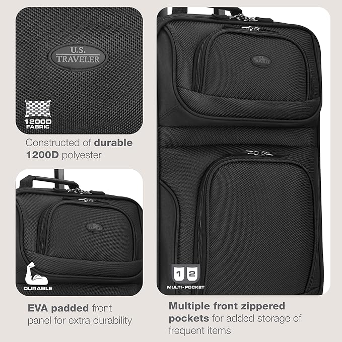 U.S. Traveler Rio Lightweight Softside Rolling Carry-on Suitcase, 2-Wheel Single, Black