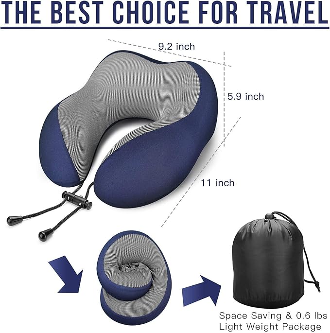 MLVOC Neck Pillow for Traveling, Upgraded 100% Pure Memory Foam Travel Neck Pillow for Airplane Flight Sleep, Breathable & Machine Washable Cover, Travel Kit with 3D Eye Mask, Earplugs & Bag, Blue