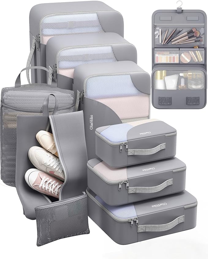 10 Set Packing Cubes for Travel, Gifts for Women Mom,Anti-Tearing Suitcase Organizer for Luggage with Shoe & Hanging Toiletry Bag,OlarHike Vacation Essentials & Accessories for Cruise Ship