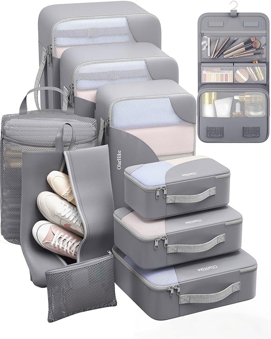 10 Set Packing Cubes for Travel, Gifts for Women Mom,Anti-Tearing Suitcase Organizer for Luggage with Shoe & Hanging Toiletry Bag,OlarHike Vacation Essentials & Accessories for Cruise Ship