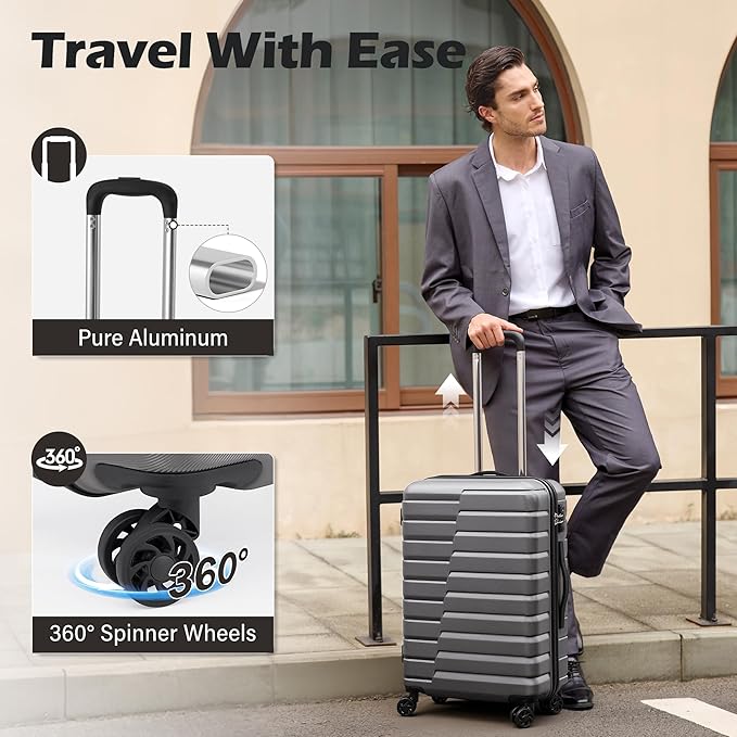 Coolife Medium Checked Luggage with Spinner Wheels, Hardside Suitcase TSA Lock Lightweight Travel Luggage 24-inch,Gray