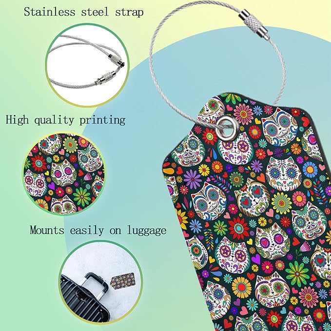 Sugar Skull Cat 2 Pack Luggage Tag for Suitcases Day of the Dead PU Leather Bag Travel Suitcase ID Identifier Baggage Tags for Women Men Travel