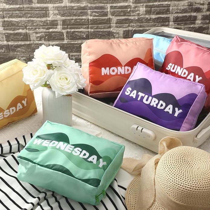 Paterr 7 Pcs Days of Week Packing Cubes Travel Cubes for Kids Colorful Luggage Organizers for Lightweight Packing Suitcase Bags for Boys Girls Family Camp Summer Vacations Accessories