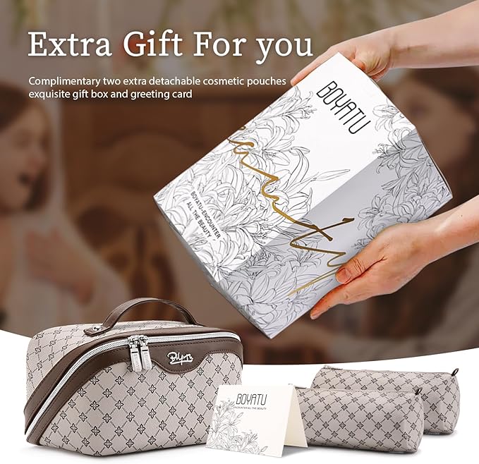 BOYATU Travel Makeup Bag Cosmetic Bags for Women: 3 Pcs Set Large Capacity Make up Bag with Handle - Vegan Leather Toiletry Bags with Compartments - Makeup Organizer for Travel Essentials(A-2-Khaki)