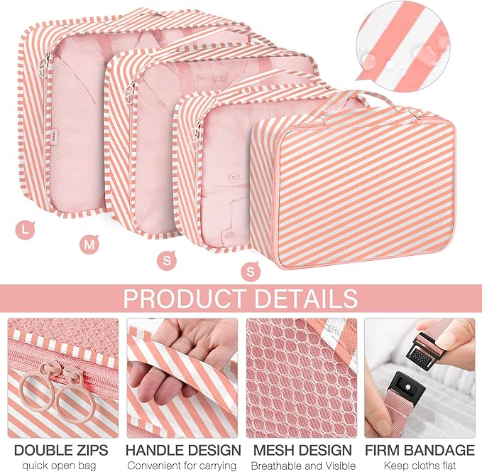KPX 8 Set Packing Cubes for Travel, Luggage Packing Organizers Accessories Large Toiletries Bag for Clothes Shoes Cosmetics (Pink Strips)