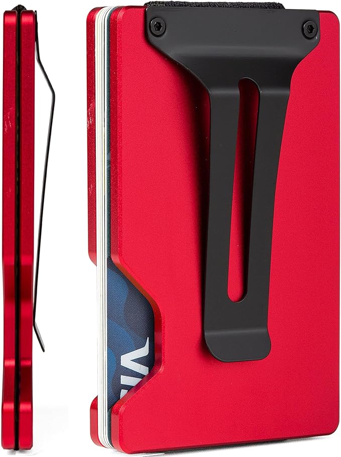 Minimalist Carbon Fiber Wallet for Men, Money Clip Cash Strap Wallet, RFID Blocking Metal Wallet Aluminum Card Holder,Front Pocket Wallet(Matte Red)