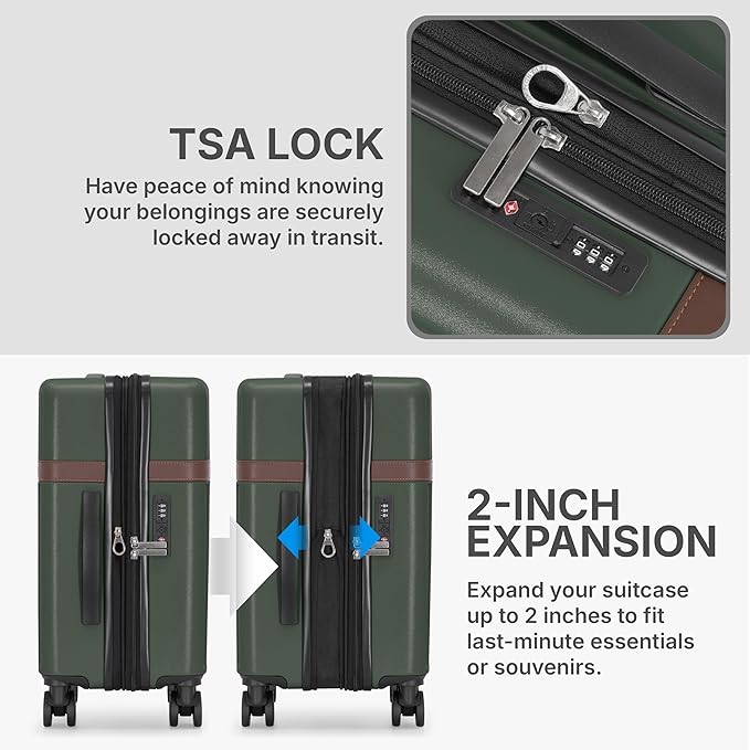 U.S. Traveler Vista Way 3-Piece Travel Set, 21-Inch Carry-on Hardside with TSA Lock, 18-Inch Travel Backpack with Laptop Sleeve, Toiletry Bag, Green