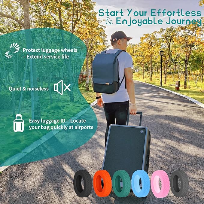 8-Pack Luminous Blue Luggage Wheel Covers (Fits 2"-2.4" Double Wheels) & 2-Pack Blue Handle Wraps - Silicone Tire-Textured Wheel Protectors, Wet-Suit Material Handle Grips for Travel