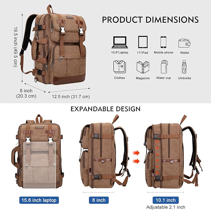 WITZMAN Canvas Travel Backpack for Men Large Laptop Backpack Fit 16 inch Carry-on Airline Approved Convertible Shoulder Rucksack(A6617-3 Brown)