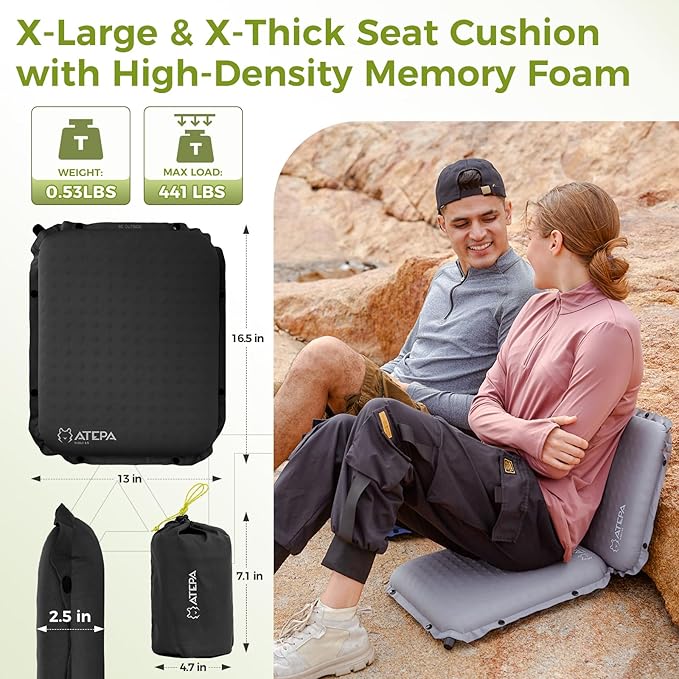 ATEPA Inflatable Seat Cushion, Self-Inflating Portable Stadium Airplane Travel Foam Cushion Pad for Camping, Sports Events, Outdoor