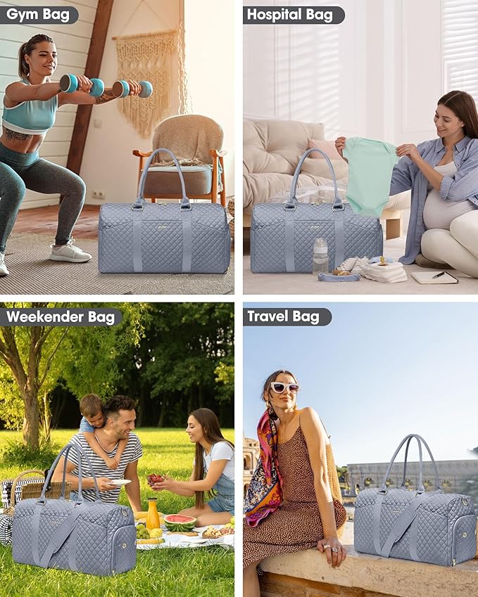 Women Weekender Travel Duffle Bag: Travel Duffel Overnight Bags with Shoe Compartment Large Carry on Tote with Toiletry Bag Weekend Traveling Yoga Gym Hospital Bag for Women with Wet Pocket Grey