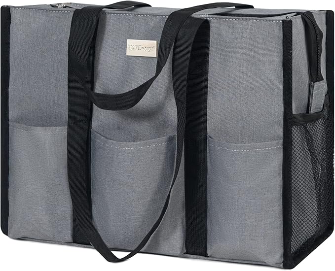 TOPDesign Utility Water Resistant Tote Bag with 13 Pockets, Top Zipper Closure & Thick Bottom Support, for Working Women