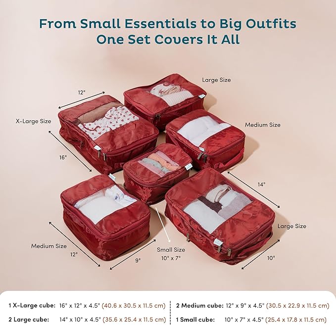 6-Pack Large Compression Packing Cubes for Travel - Lightweight Compression Packing Cube Set, Water-Resistant Luggage Organizer Bags & Suitcase Organizers, Travel Cubes for Carry-On, Checked Luggage