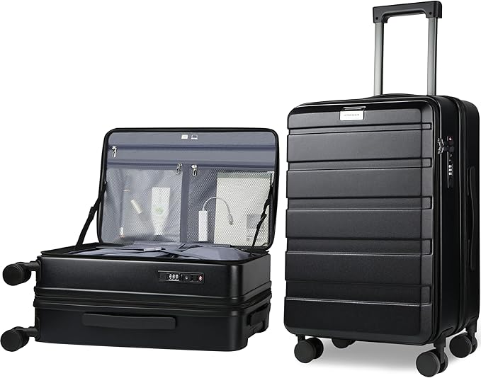 KROSER Carry On Luggage with Spinner Wheels & Built-in TSA Lock, Expandable Top Opening Hard Shell Suitcase Large Capacity Durable Rolling Luggage with USB Port, Carry-On 20-Inch, Black
