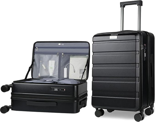 KROSER Carry On Luggage with Spinner Wheels & Built-in TSA Lock, Expandable Top Opening Hard Shell Suitcase Large Capacity Durable Rolling Luggage with USB Port, Carry-On 20-Inch, Black