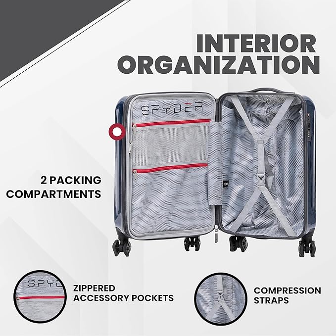 Spyder Rails Expandable Hardside Upright Suitcase with 360° Spinner Wheels, TSA Approved Lock (Navy, Medium Checked)
