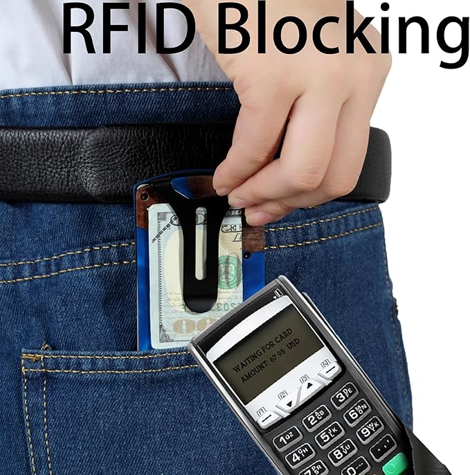 Carbon Fiber Minimalist Wallet for Men Credit Card Holder Money Clip & Cash Strap Slim RFID Mens Wallets,Resin Natural Walnut Wood,Unique Pattern,Dark Blue