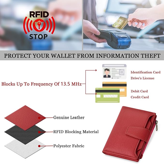 Airkit Small Wallet Women RFID Blocking Leather Bifold Compact Card Holder Wallet for Women with Zipper Coin Pocket 4 ID Window