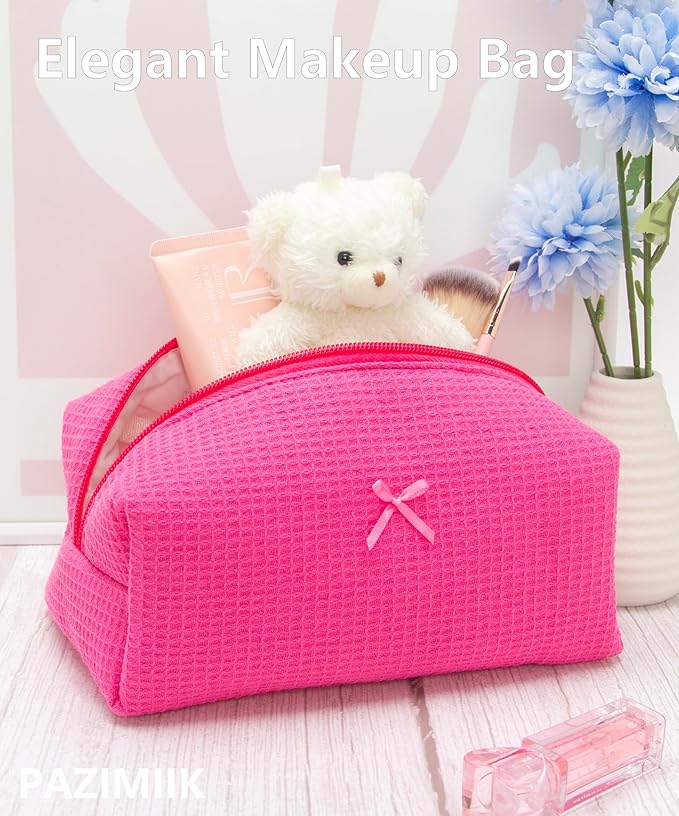 PAZIMIIK 6PCS Cozy Makeup Bag Travel Cosmetic Bag for Women Soft Toiletry Bag Aesthetic Makeup Organizer Portable Large Zipper Pouch for Skincare Beauty Accessories Brushes Waffle Hotpink