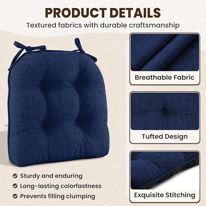 downluxe Indoor Chair Cushions for Dining Chairs, Tufted Overstuffed Textured Kitchen Chair Pads with Ties and Non-Slip Backing, 15.5" x 15.5" x 4", Royal Blue, 6 Pack