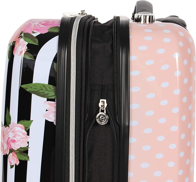 Betsey Johnson Designer 20 Inch Carry On - Expandable (ABS + PC) Hardside Luggage - Lightweight Durable Suitcase With 8-Rolling Spinner Wheels for Women (Stripe Roses)