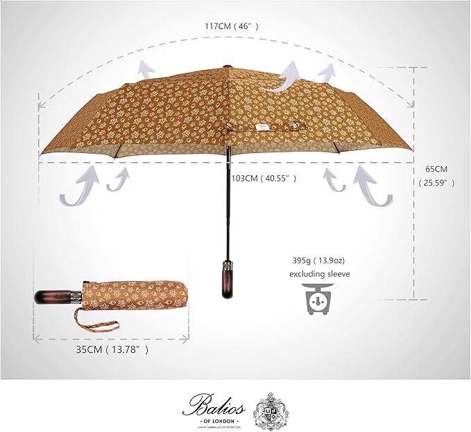 Balios Travel Folding Umbrella with Real Wood Handle Auto Open Close Vented Windproof Canopy - Designed in UK