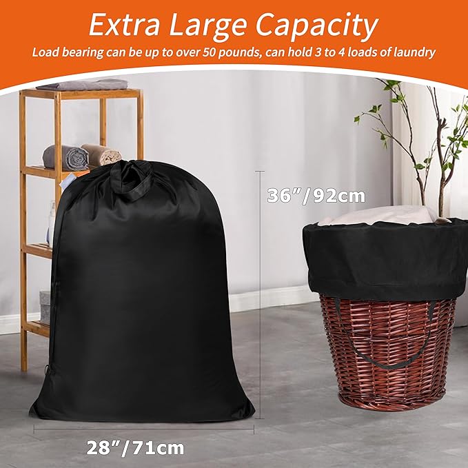 Polecasa Heavy Duty Large Laundry Bag with 130gsm Tear Resistant Fabric and Handles, Easy to Carry Durable Dirty Clothes Drawstring Bag, Perfect for College Dorm, Travel, 2 Pack 28”x36”, Black