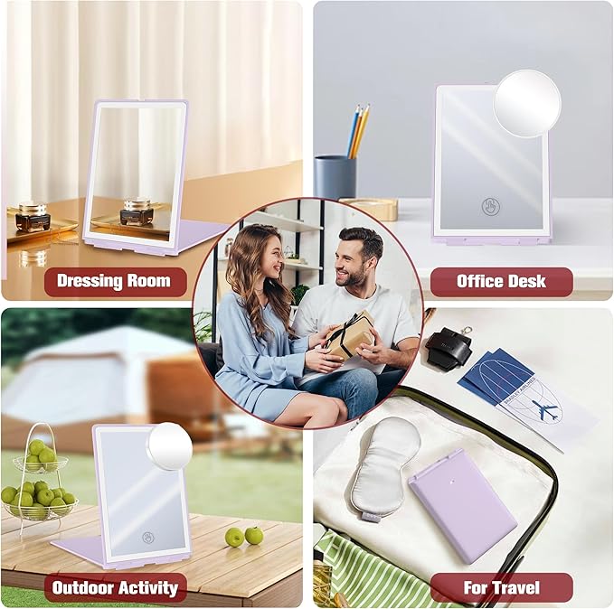 Travel Makeup Mirror with Lights Valentines Day Gifts for Her, Girlfriend, Wife, Birthday Gifts Rechargeable Portable Folding Compact LED Mirror Set with Tweezer 3 Color Light Modes-Purple