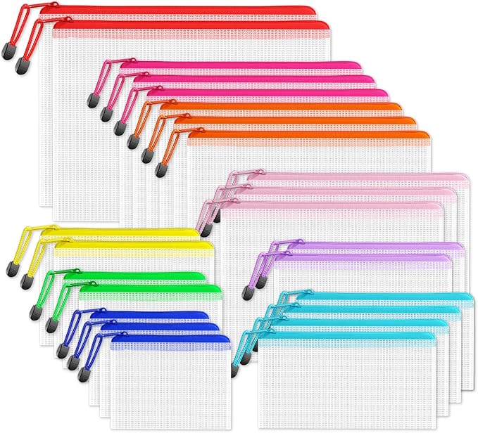 SUNEE Multisize Mesh Zipper Pouches (9 Colors, 24 Packs), Zip Bag for School Office Supplies, Puzzles & Games Organizing Storage