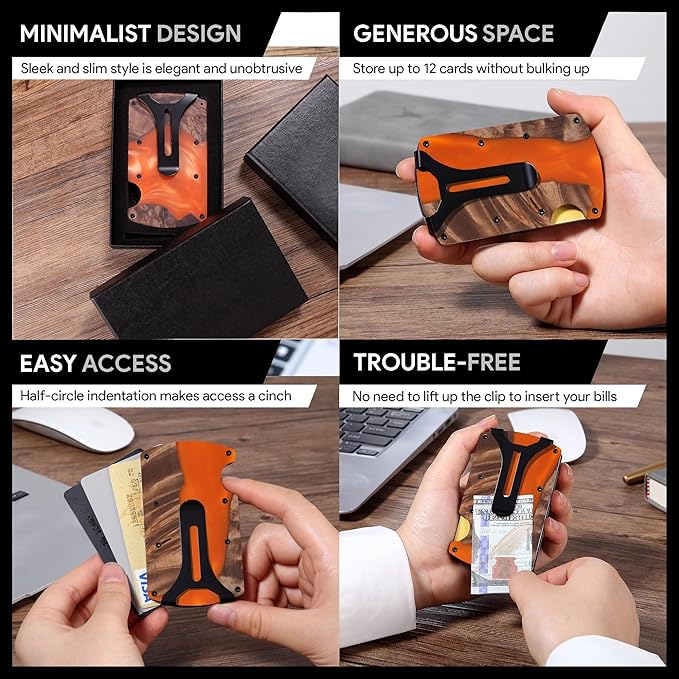 Wallet for Men, Minimalist Slim RFID Blocking Resin Wood Credit Card Holder with Money Clip, Easily Removable Cash&Card Metal Wallet,Resin River,Natuarl Walnut Wood,Unique Pattern,Gift for Men