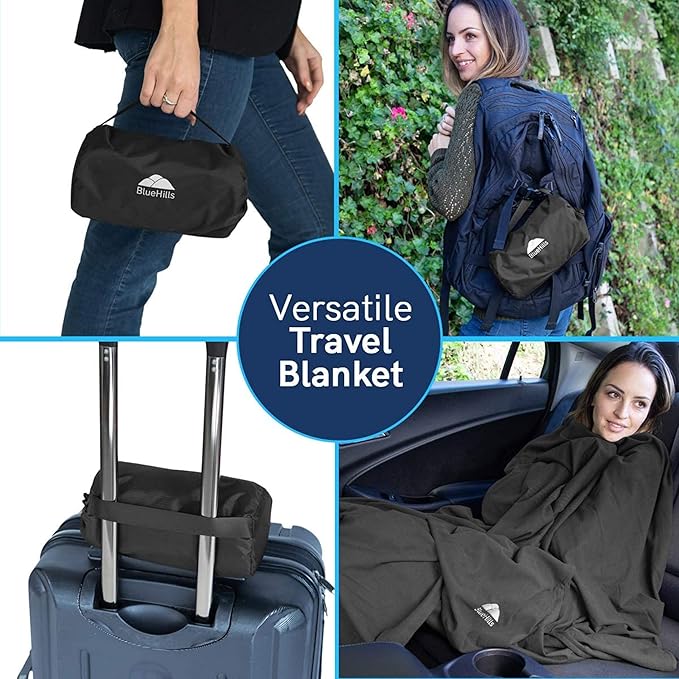 BlueHills Ultra Compact Travel Blanket 2 Pack Large Soft Cozy Portable Blanket Sheet with Carry Case and for Flight Airplane Car Layover Camping Hotel C203-2PK-Black