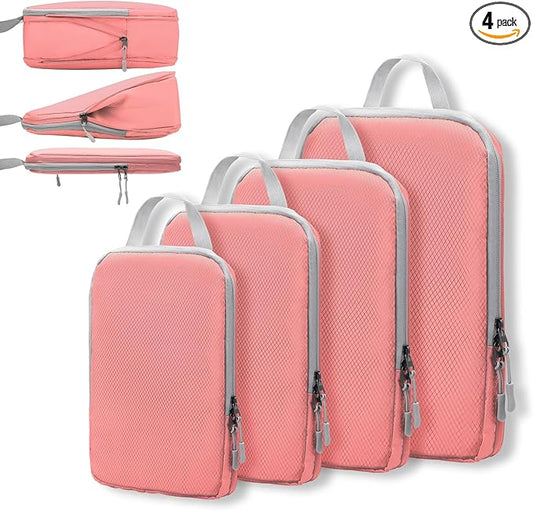 WOOMADA Compression Packing Cubes for Suitcases Travel Essentials 4 Set Expandable Travel Bags Organizer for Luggage(pink)