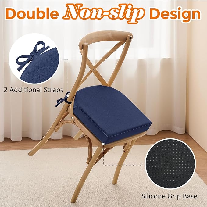 downluxe Chair Cushions for Dining Chairs, Memory Foam Linen Kitchen Chair Pads with Ties, Waterproof, Stain-Resistant and Washable Cover, 17" x 16" x 2.5", Blue, 6 Pack