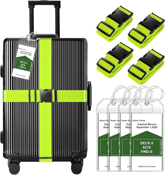 8 Pack Luggage Straps and Cruise Luggage Tags Set (4 Straps, 4 Wide Tags), Luggage Straps for Suitcases TSA Approved Suitcase Tags, Green