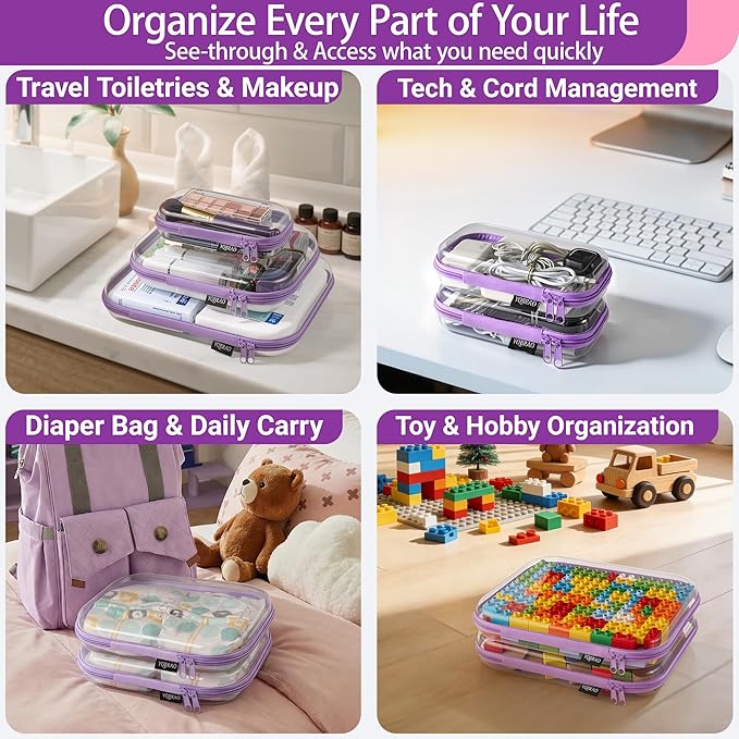 YQBRA 4 Pack Clear Hard Shell Zipper Case, See-Through Hard Plastic Organizer Pouches with Zipper for Travel, Toiletries, Makeup, Electronics & Pencils - Crush-Resistant Storage (S Purple)