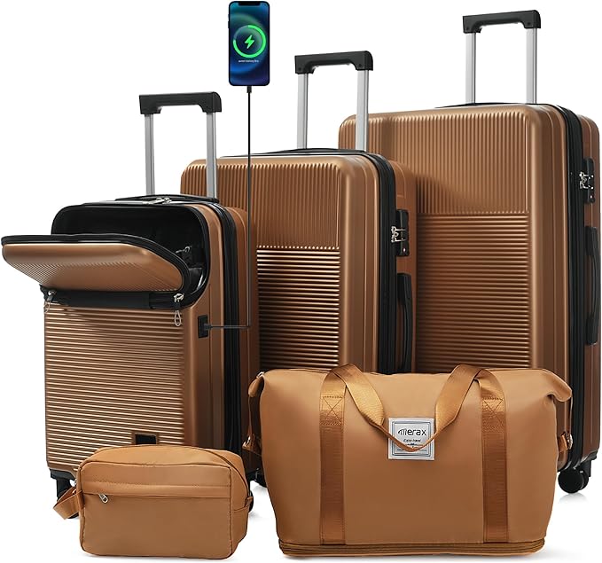 Merax Luggage Sets 5 Piece,Front Half-open Hardshell Expandable Suitcase with Spinner Wheels and Duffel Bags,Lightweight Carry on Luggage with USB Port,20/24/28IN,Brown