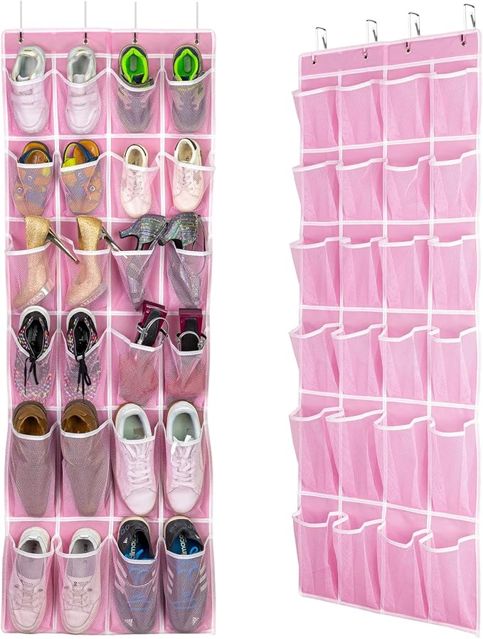 2 Pack Hanging Shoe Organizer，Over Door Shoe Organizer with 24 Mesh Large Pockets Shoe Storage Bag for Sport Shoes Size:58x21 Inch Hanging Door Shoe Rack Organizer (Pink-2pack)