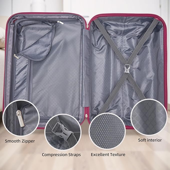 LARVENDER 5 Piece Hardside Expandable Luggage Sets with Wheels Lock, Lightweight PC+ABS Rolling Hardside Suitcase for Women and Men,Glossy Very Berry